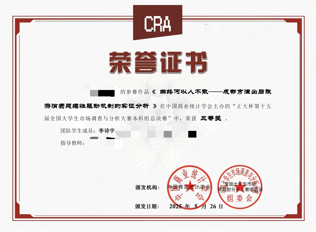 正大杯第十五届全国大学生市场调查与分析大赛国家级三等奖证书